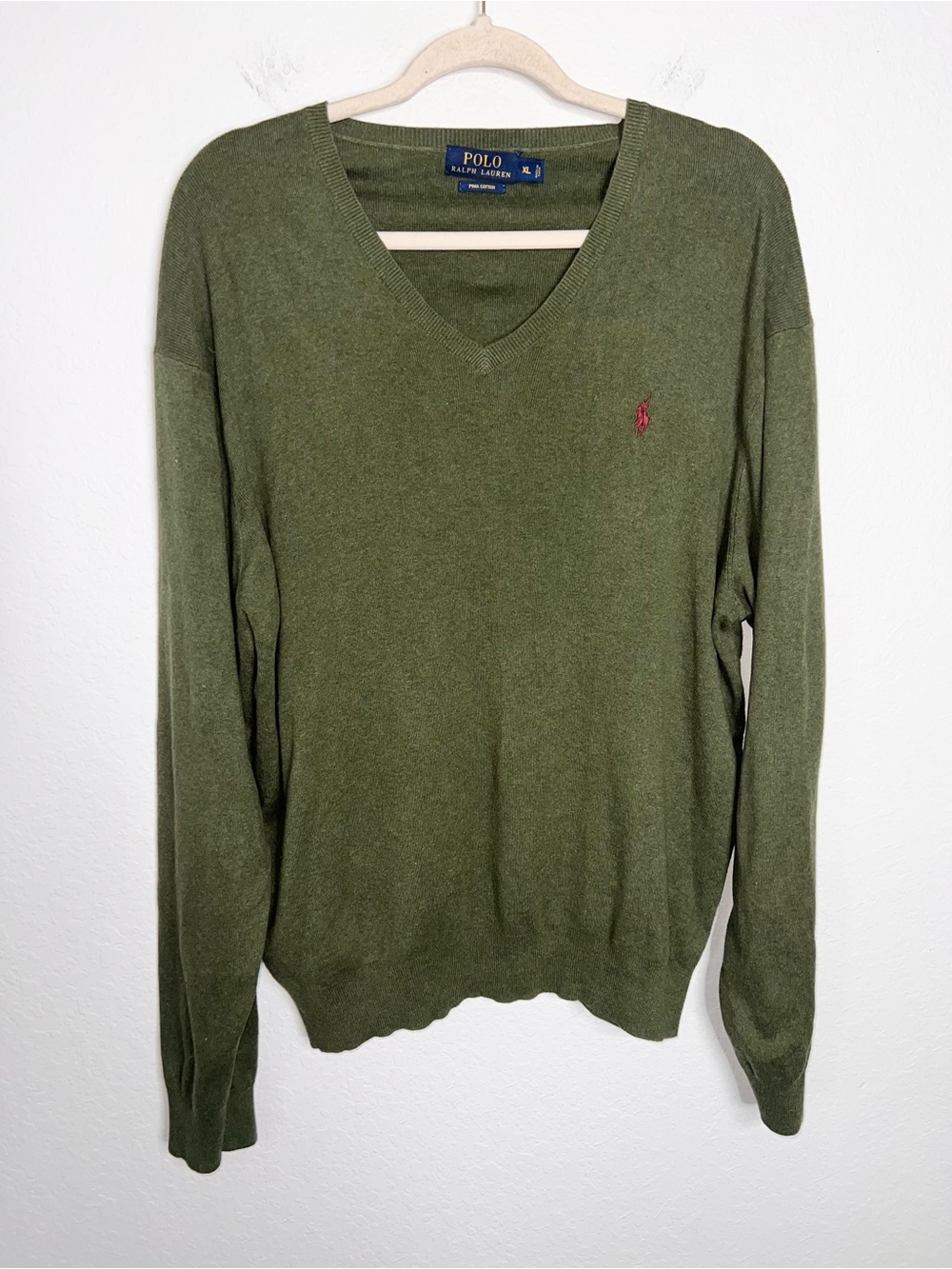 Polo Ralph Lauren Sweater Mens XL Pima Cotton V Neck Pony Preppy Knit Olive E